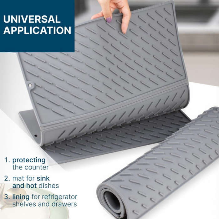 62 x 40cm  Trifold Silicone Drain Pad Bowl and Dish Drying Mat for Kitchen Counter(Grey)
