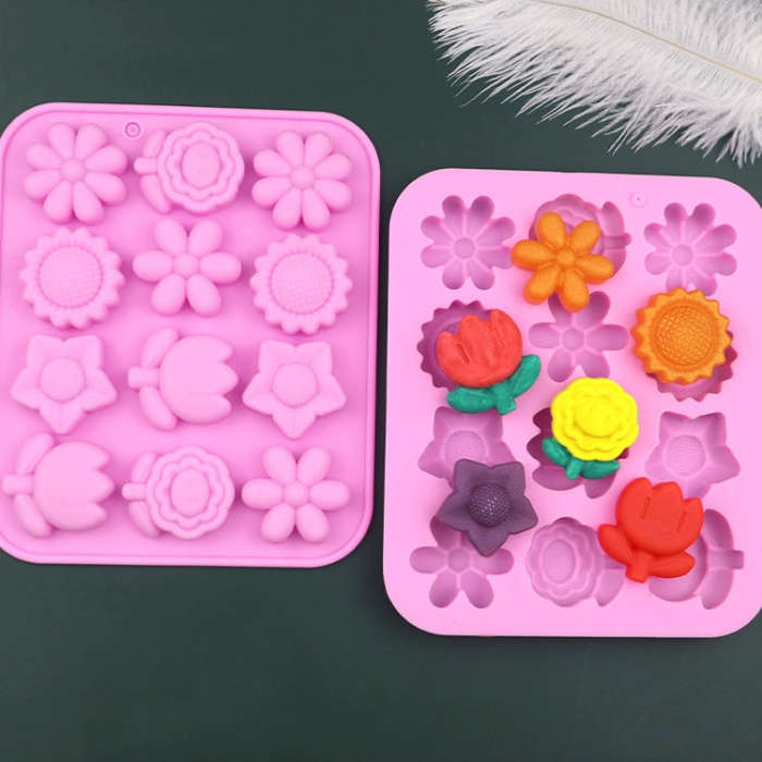 12 Grids Flower Silicone Cake Mold DIY Handmade Soap Mould(Pink)