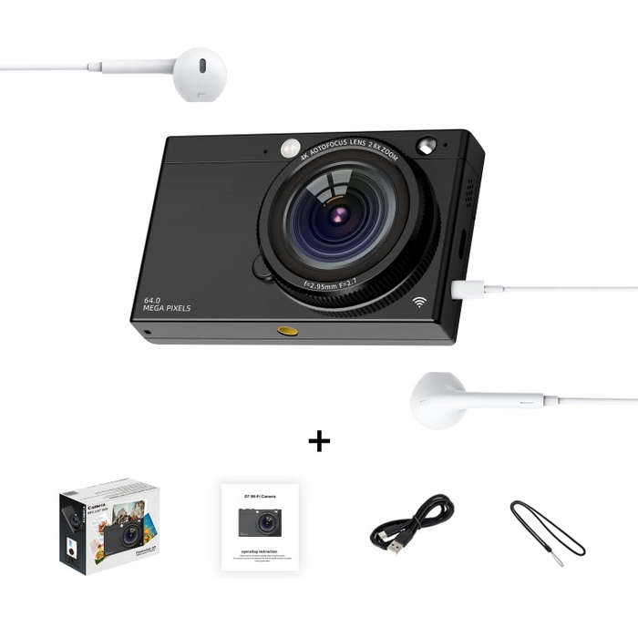High-Definition CCD Digital Camera 64 Million WiFi Card Camera, Color: Black + Headphone Cable