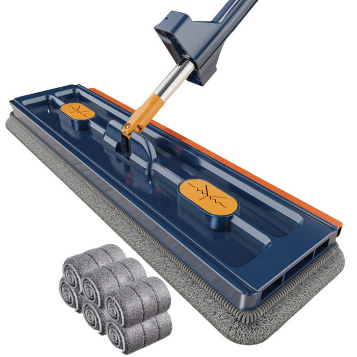 42cm Hand-Free Household Flat Mop Kitchen Cleaning Lazy Floor Cleaner, Style: Blue+6 Wipes