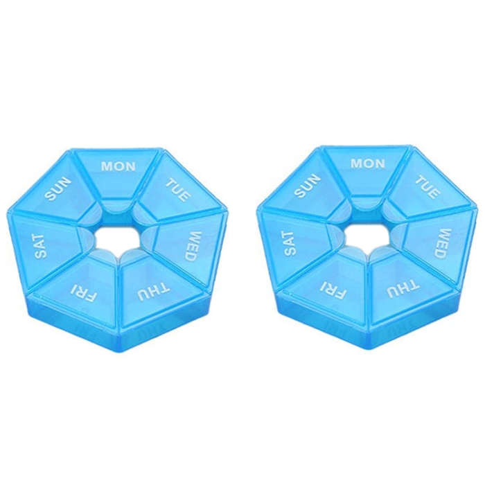2pcs Portable Transparent Moisture-Proof Weekly 7-grids Pill Storage Box(Blue)