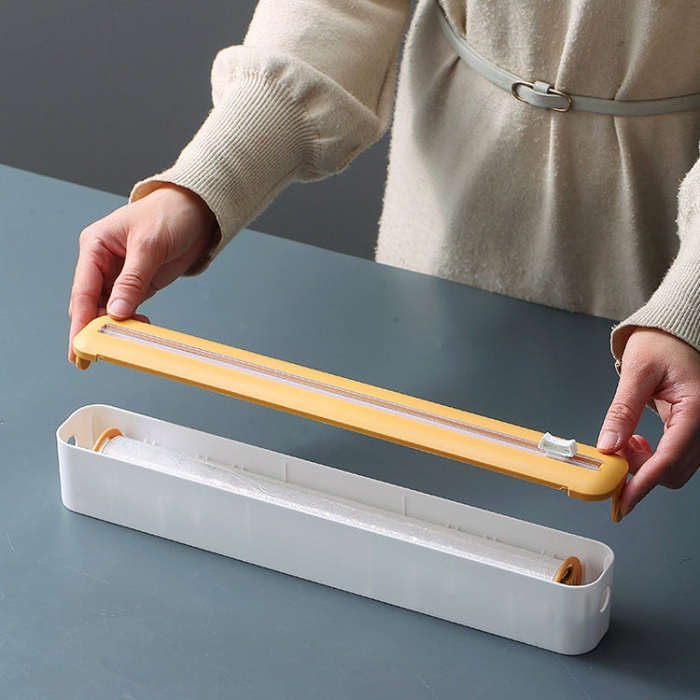 Cling Film Cutter Adjustable Storage Cutting Box, Color: Black White Magnetic Sticker