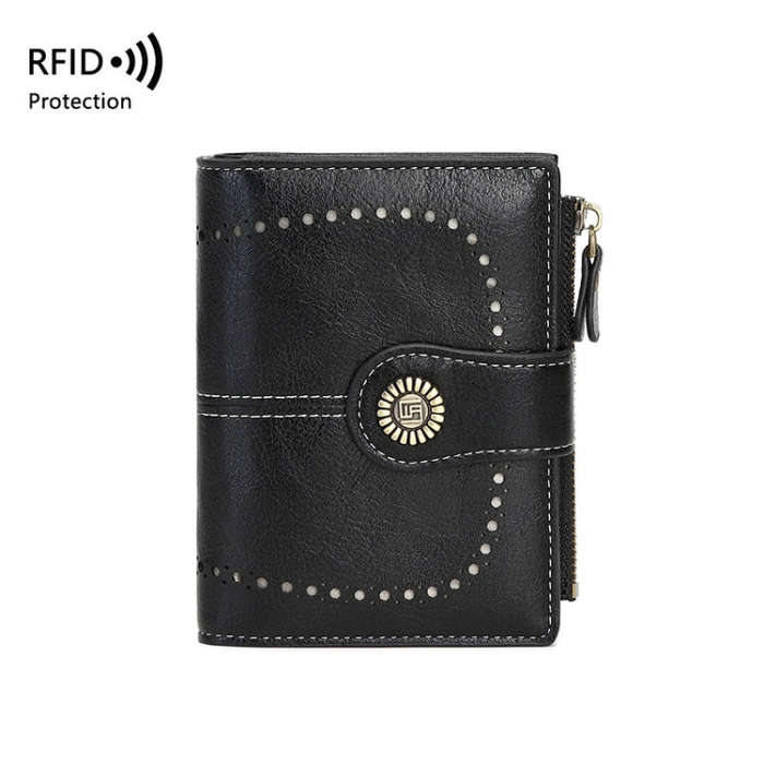 RFID Anti-theft Brush Women Wallet Multi Card Position Buckle Wallet Short Zipper Purse(Black)