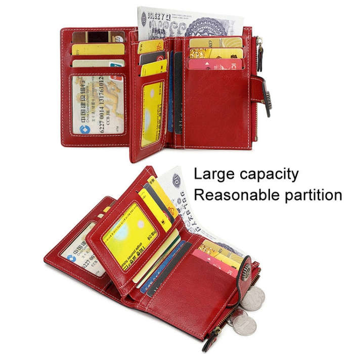RFID Anti-theft Brush Women Wallet Multi Card Position Buckle Wallet Short Zipper Purse(Black)