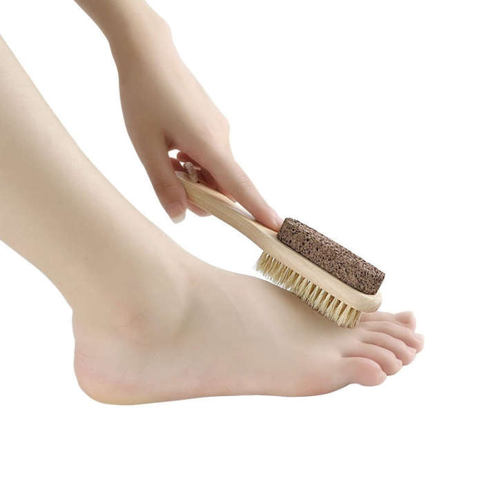 Double-Sided Foot Grinder Pig Bristle Brush Wooden Cleaning Massage Small Brush(Original Color)
