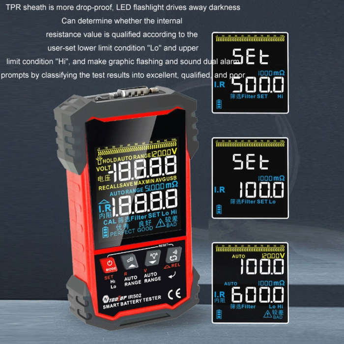 Battery Internal Resistance Tester Lead-Acid Alkaline Lithium Battery Tester, Model: IR500