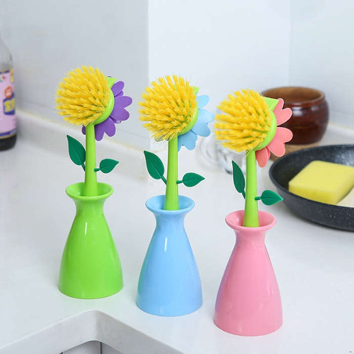 Flower Shaped Long Handle Pot Brush Kitchen Dishes Brush Sink Stove Cleaning Tool(Pink)