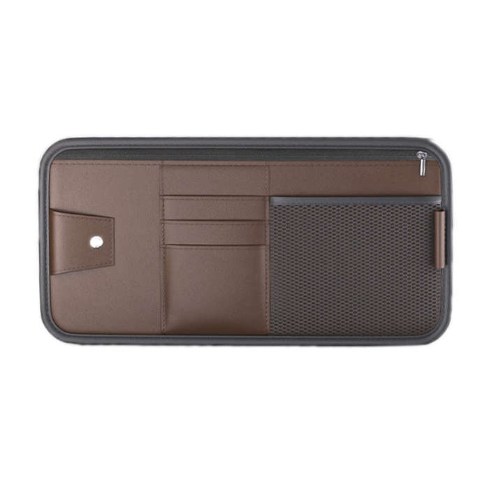 Car Sun Visor Card Glasses Holder Zipper Storage Bag(Brown)