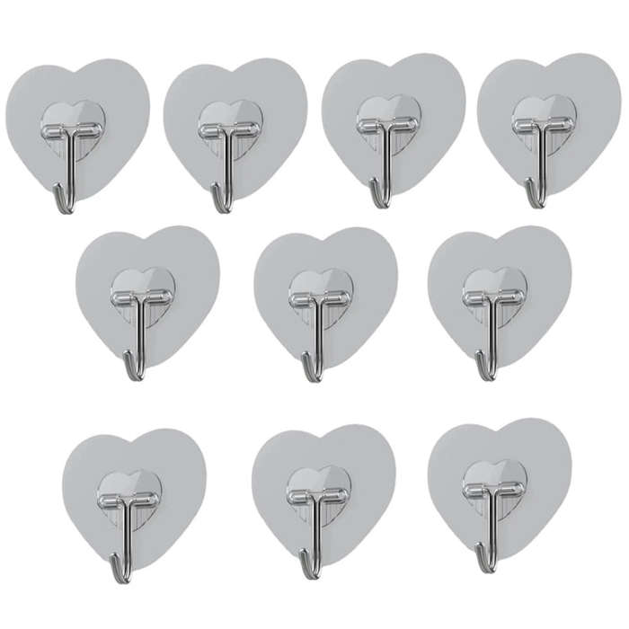 10pcs Transparent Self Adhesive Heart-shaped Hooks Door Wall Multi-Function Key Storage Hanger