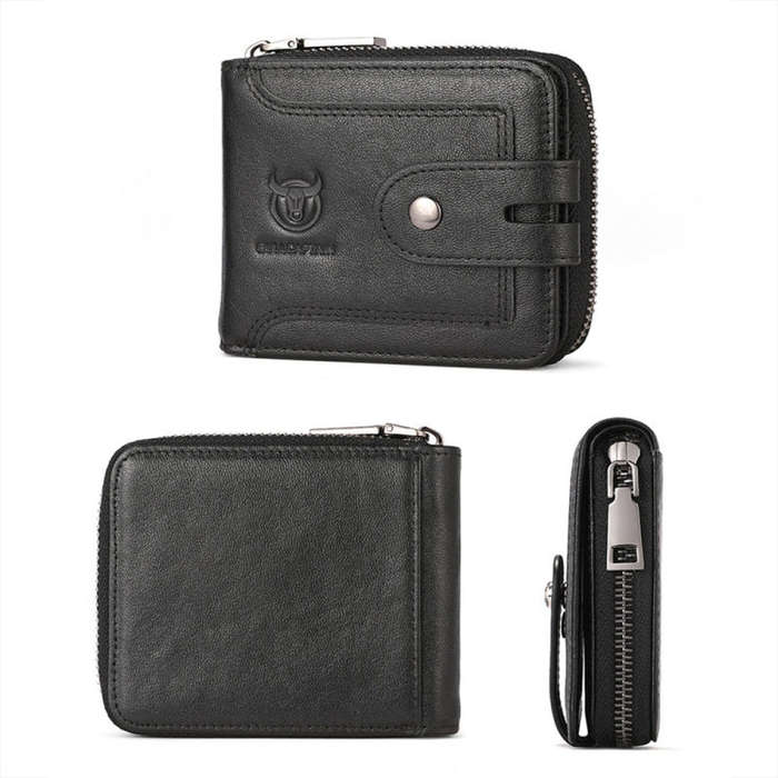BULL CAPTAIN 232 RFID Anti-Theft Cowhide Men Zipper Wallet Vintage Business Card Holder(Black)