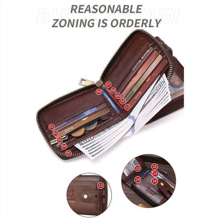BULL CAPTAIN 232 RFID Anti-Theft Cowhide Men Zipper Wallet Vintage Business Card Holder(Coffee)