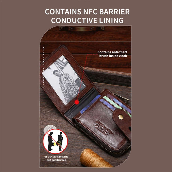 BULL CAPTAIN 232 RFID Anti-Theft Cowhide Men Zipper Wallet Vintage Business Card Holder(Yellow)