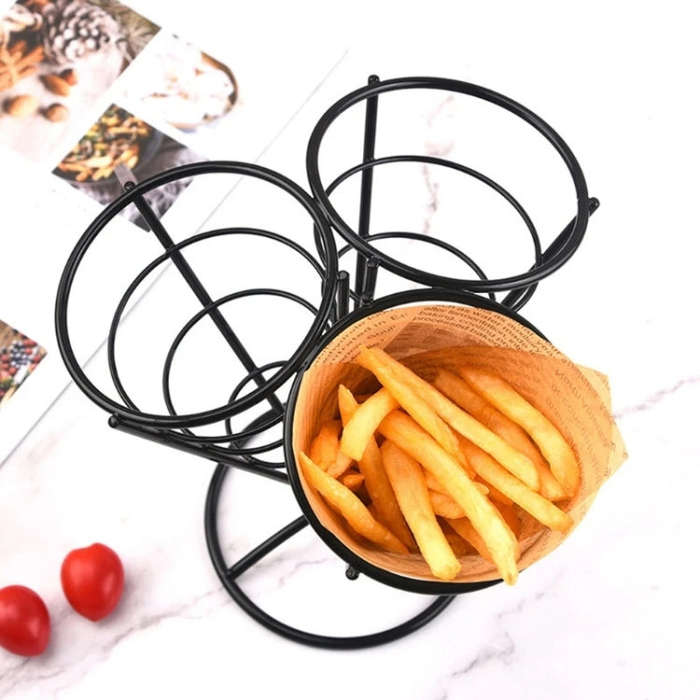 3 in 1 Taper French Fries Holder Stainless Steel Chips Basket Snack Stand(Black)