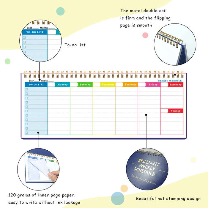 60 Sheets Undated Metal Coil Weekly Planner Notepad Schedule Book To Do List(Black)