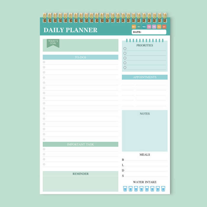 52 Sheets A4 English Daily Planner Coil Notepad Schedule Book To Do List Important Matters(Cyan)