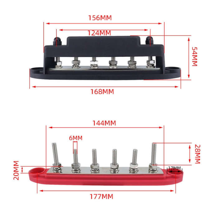 M6 RV Yacht High Current 6-column 250A Base Busbar, Color: Red