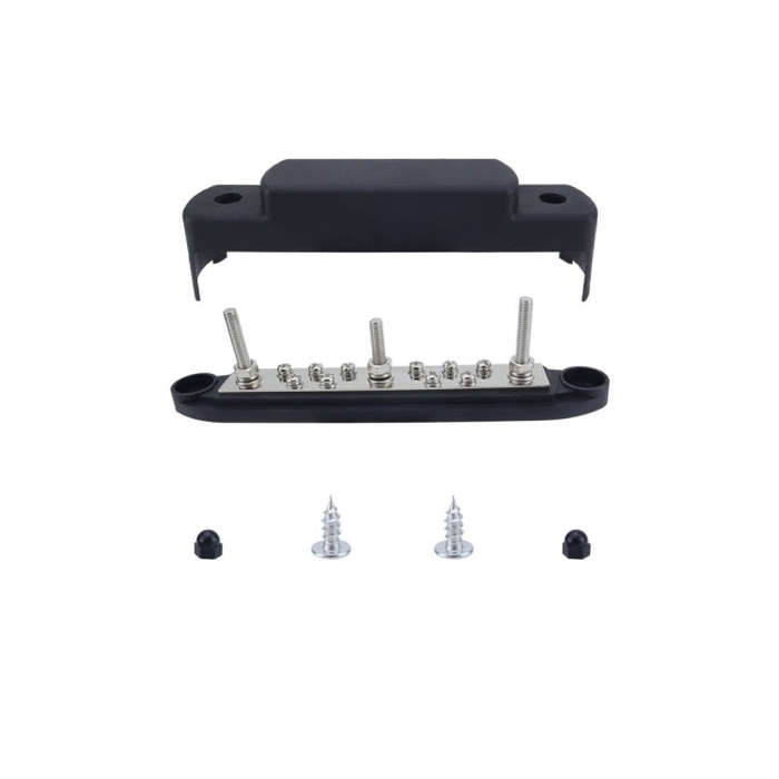 M6 3-post 10-way RV Yacht Short-circuit Proof Base DC Busbar, Color: Black