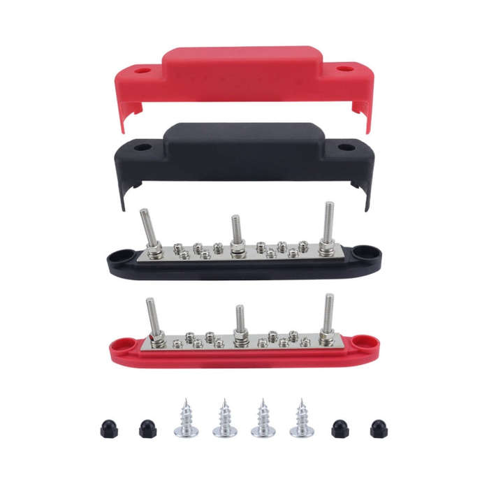 M6 3-post 10-way RV Yacht Short-circuit Proof Base DC Busbar, Color: Red+Black 1pair