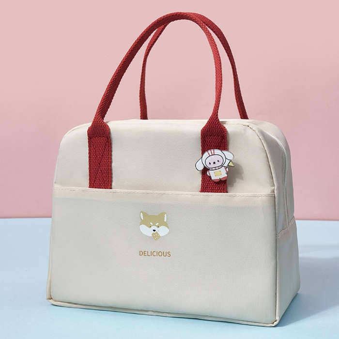 Thickened Portable Thermal Lunch Bag Waterproof Large Capacity Bento Bag With Badge(Beige)