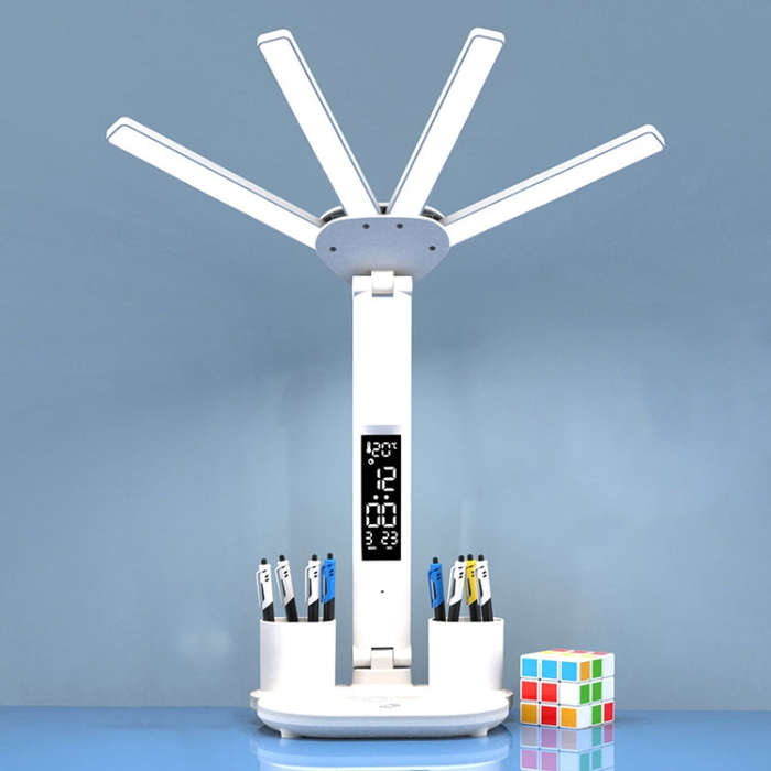 4-head Desk Lamp Foldable Reading Lamp 3-gear Color Adjustment, Spec: Charging Clock Model