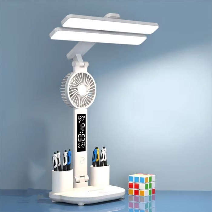 Double Head Horizontal Desk Lamp 3 Light Color Reading Lamp, Spec: Plug-in Fan Clock Model
