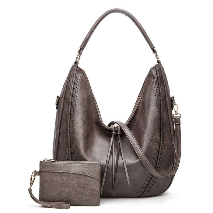 Women Large Capacity Tote Bag PU Leather Shoulder Bag 2 In 1 Light Gray