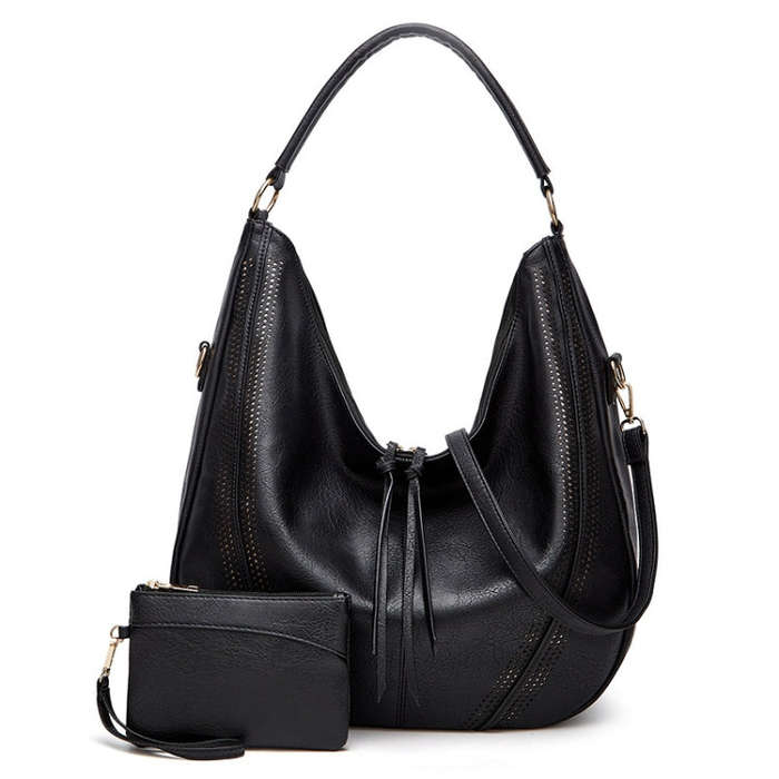 Women Large Capacity Tote Bag PU Leather Shoulder Bag 2 In 1 Black