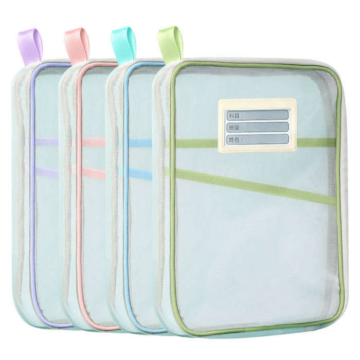 A4 Clear File Bag Student Books Stationery Storage Bag Thickened Mesh Zipper Pouch(Blue)