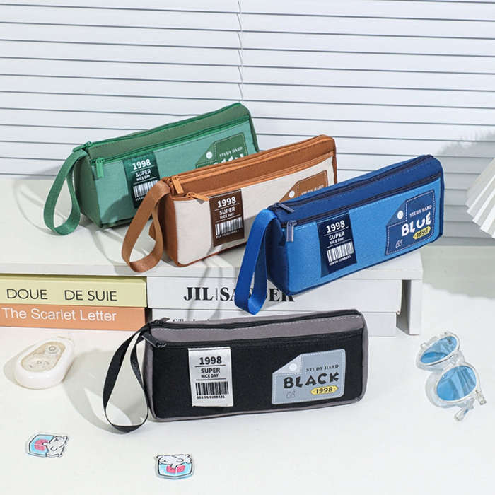 Retro Triangle Design Double-layer Handheld Pencil Case Student Stationery Bag(Coffee)