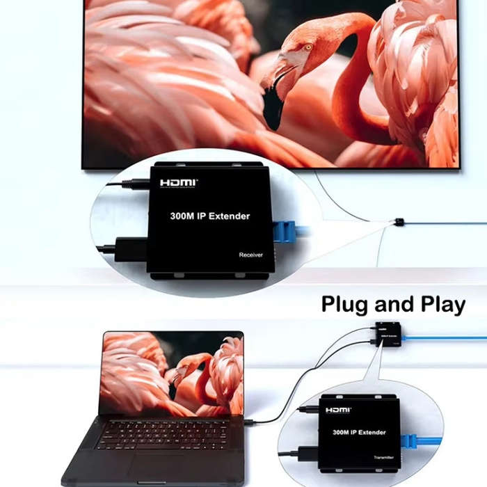 300m IP HDMI Extender HD Video Transmission, Transmitter + Receiver EU Plug(Black)