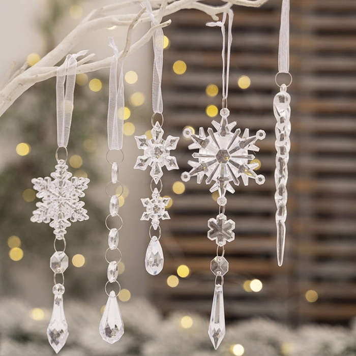 5pcs /Set Christmas Acrylic Clear Pendant Snowflake Icicle Crystal Ornaments Xmas Tree Hanging De...