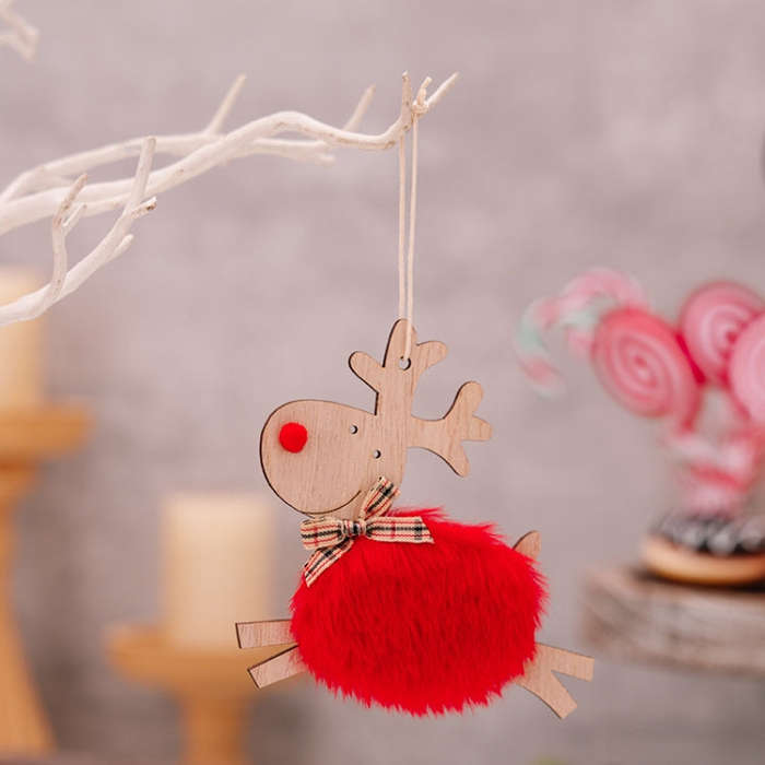 Christmas Tree Wooden Plush Elk Pendant Festival Decorations(Red)