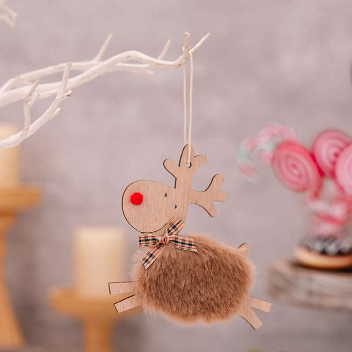 Christmas Tree Wooden Plush Elk Pendant Festival Decorations(Brown)