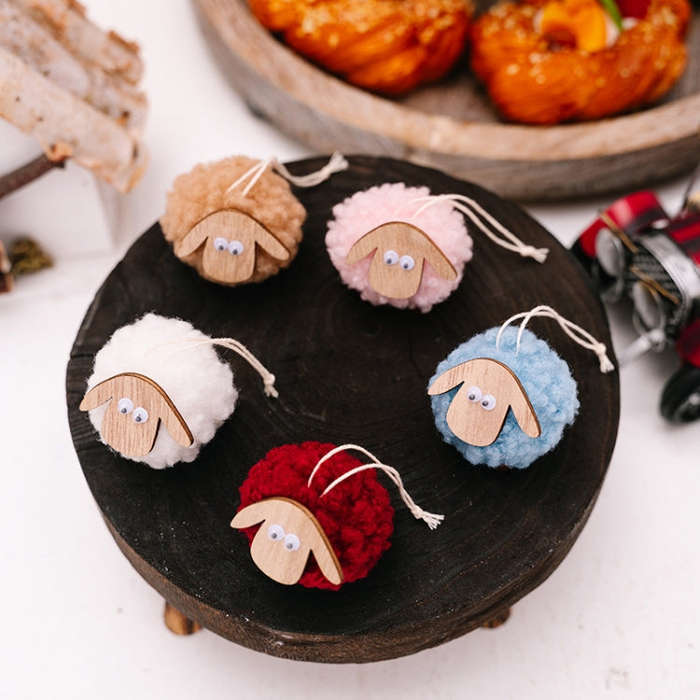 Christmas Tree Wooden Lambskin Lamb Pendant Holiday Decorations(White)