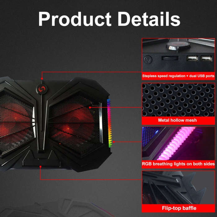 YL-017 2-Fans RGB Lighting Effect Silent Adjustable Speed Laptop Cooling Stand(Black)