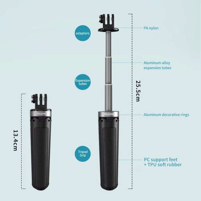 TELESIN  Universal Mini Desktop Selfie Tripod for Sports Camera 13.4-25.5cm Height Adjustable