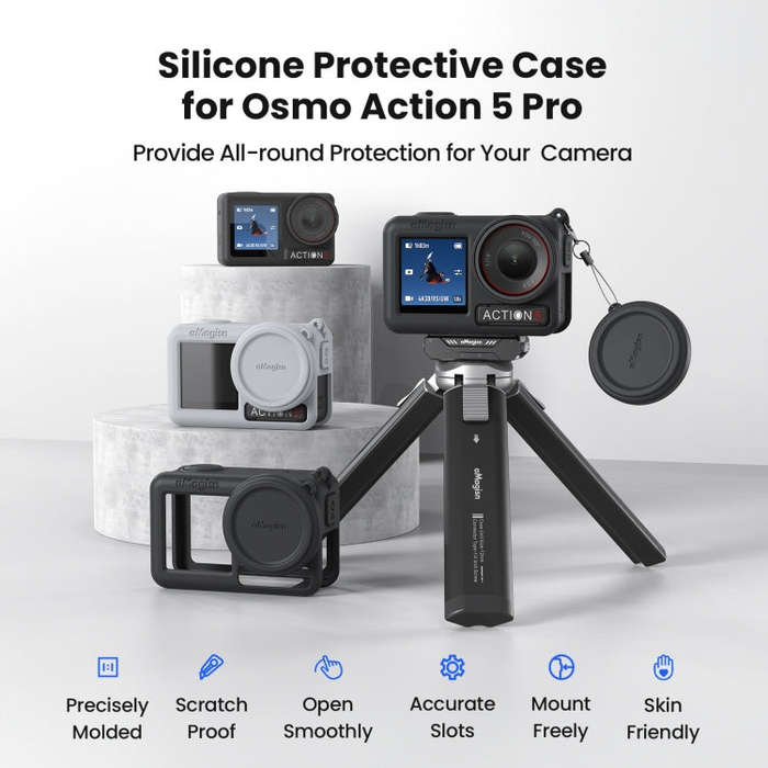 For DJI Osmo Action 5 Pro aMagisn Silicone Protective Case with Lanyard and Lens Cap(Black)
