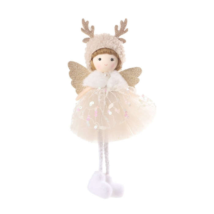 Christmas Tree Pendant Beaded Saree Angel Girl Hanging Decoration Children Cute Doll Gift(Beige)
