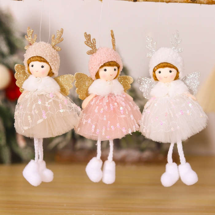 Christmas Tree Pendant Beaded Saree Angel Girl Hanging Decoration Children Cute Doll Gift(Beige)