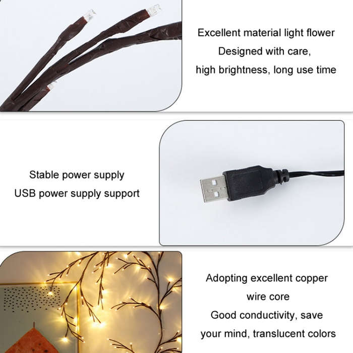 2.3m 144 LEDs Branch Rattan String Lights Wedding Home Decor Garland Lamps, Style: USB Always-on(...