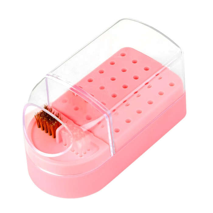 30 Holes Nail Art Drill Bits Storage Box Dustproof Display Rack With Cleaning Brush(Pink)