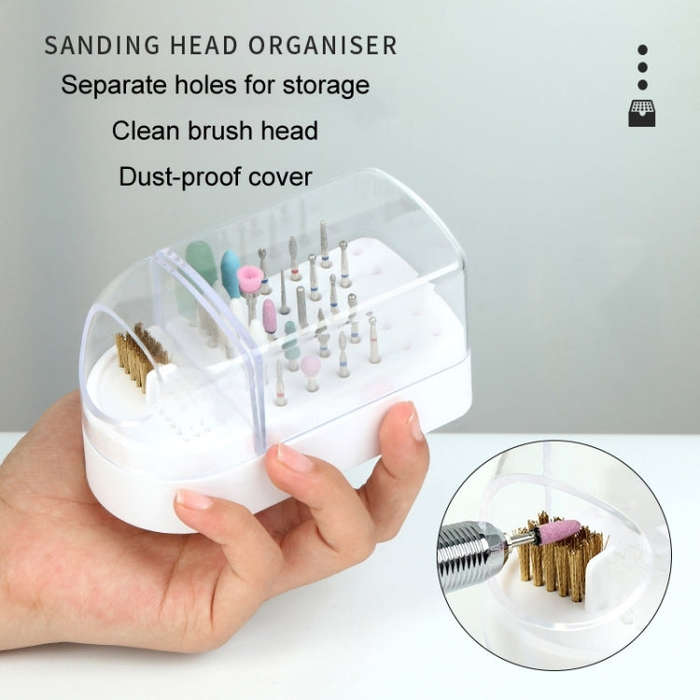 30 Holes Nail Art Drill Bits Storage Box Dustproof Display Rack With Cleaning Brush(White)