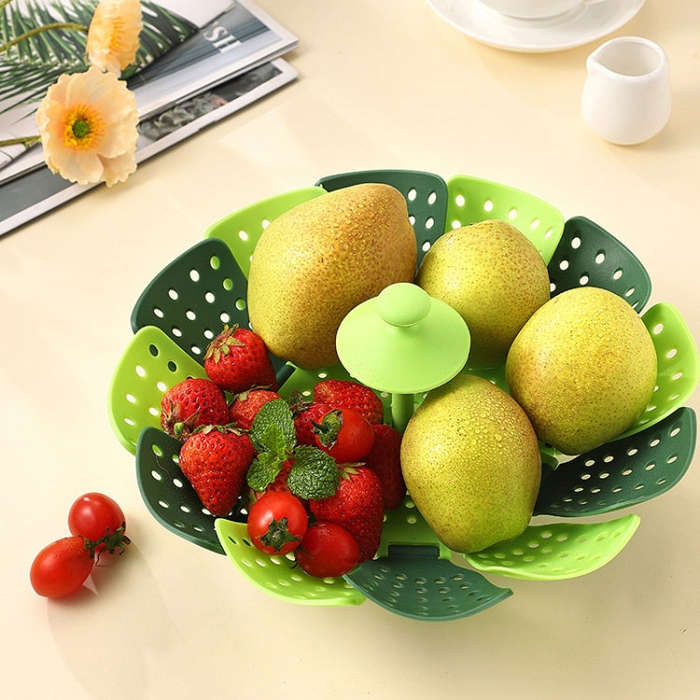 Household Foldable Plastic Lotus Steamer Kitchen Drainage Vegetable Storage Basket(Green)