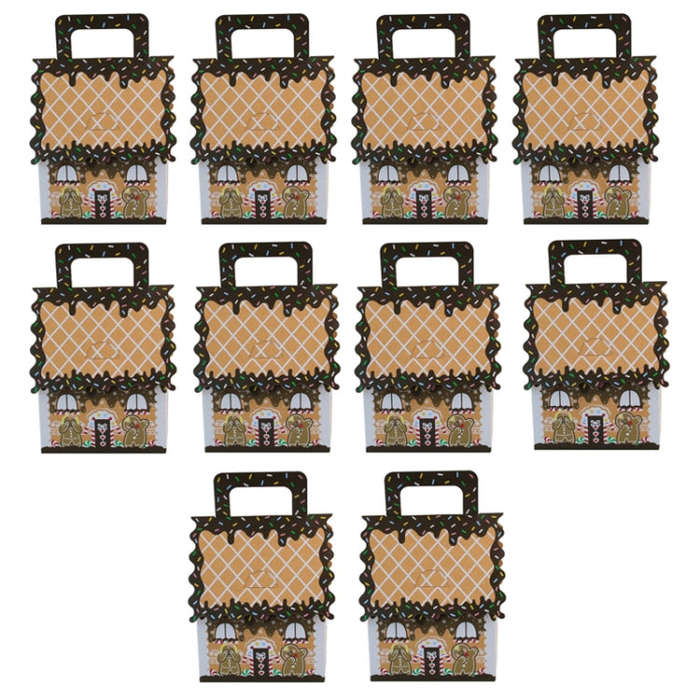 10pcs Christmas Candy Boxes Kraft Paper Christmas House Handbag Candy Boxes, Style: Large Brown Edge