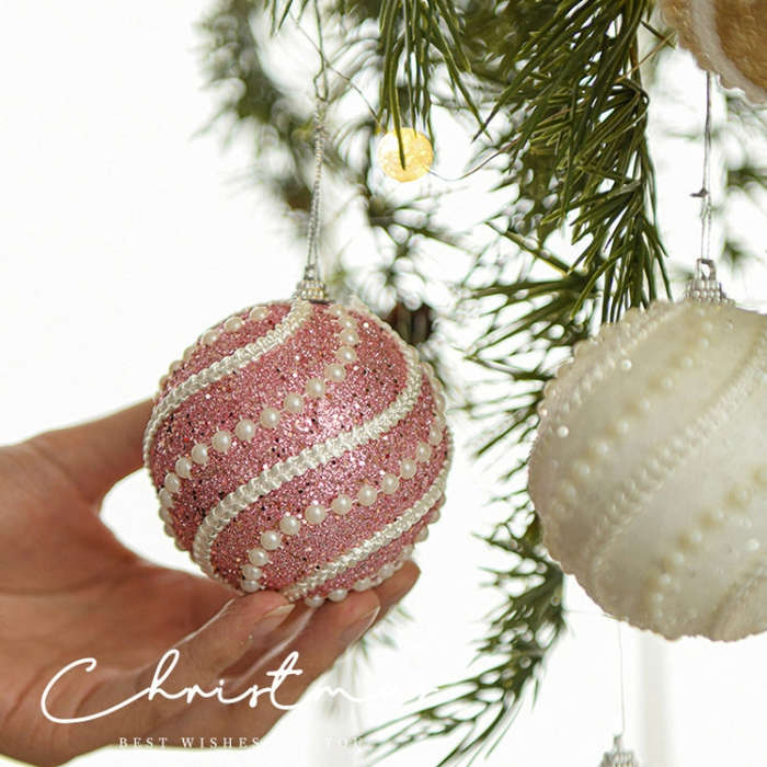 8cm Christmas Ball Christmas Tree Decoration Sequin Pearl Ball Hanging Ornament(Pink)