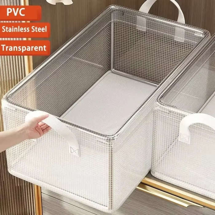 Transparent Steel Frame Clothes Storage Bag with Handle Foldable Wardrobe Organizer