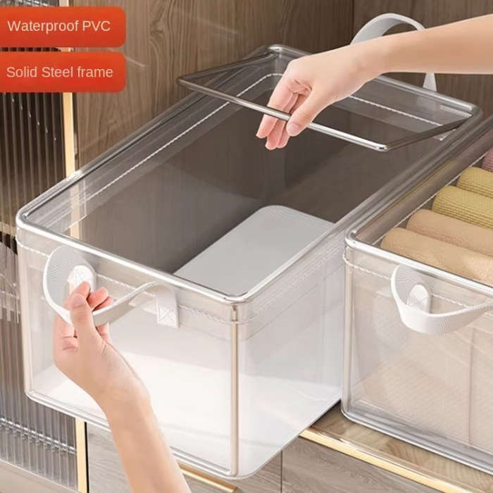 Transparent Steel Frame Clothes Storage Bag with Handle Foldable Wardrobe Organizer
