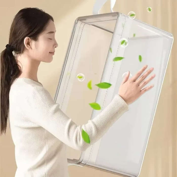 Transparent Steel Frame Clothes Storage Bag with Handle Foldable Wardrobe Organizer