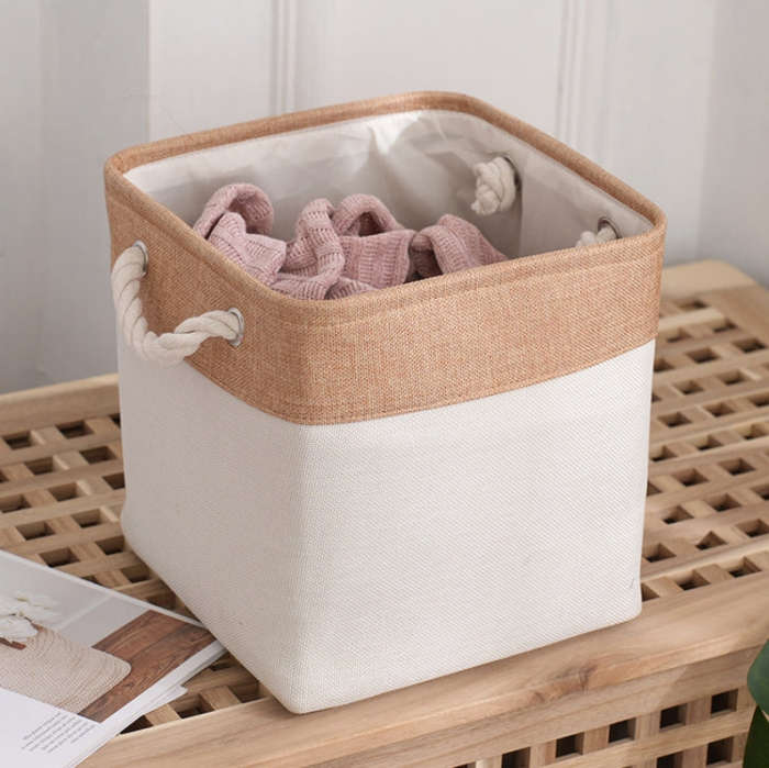 11 Inch Linen Fabric Storage Bag Large Capacity Square Collapsible Clothes Toy Organizer(Khaki an...