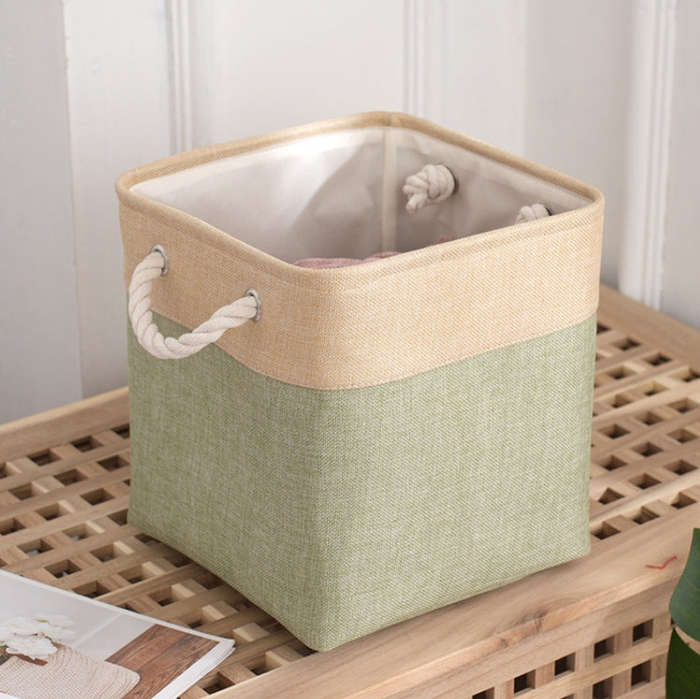 11 Inch Linen Fabric Storage Bag Large Capacity Square Collapsible Clothes Toy Organizer(Beige an...